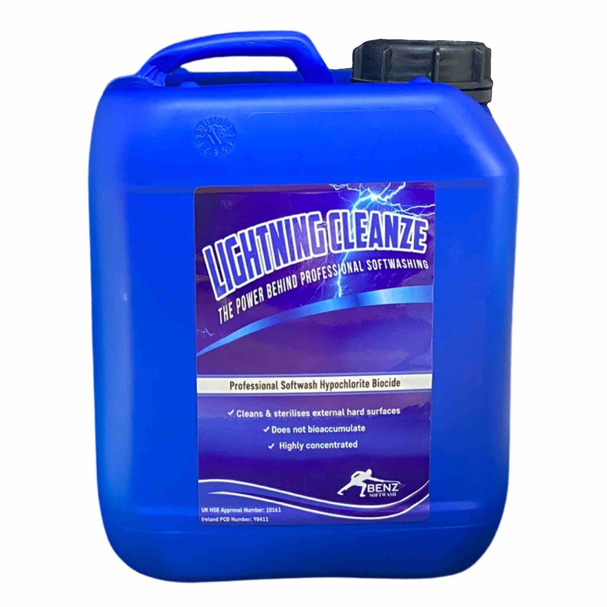 LIGHTNING CLEANZE – 10-11% SH softwash biocide: Rapidly removes the biofilm from roofs, render, walls, patios & paths.